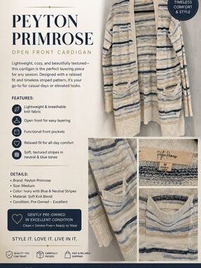 Men's Open Front Cardigan - Ivory with Blue & Neutral Stripes